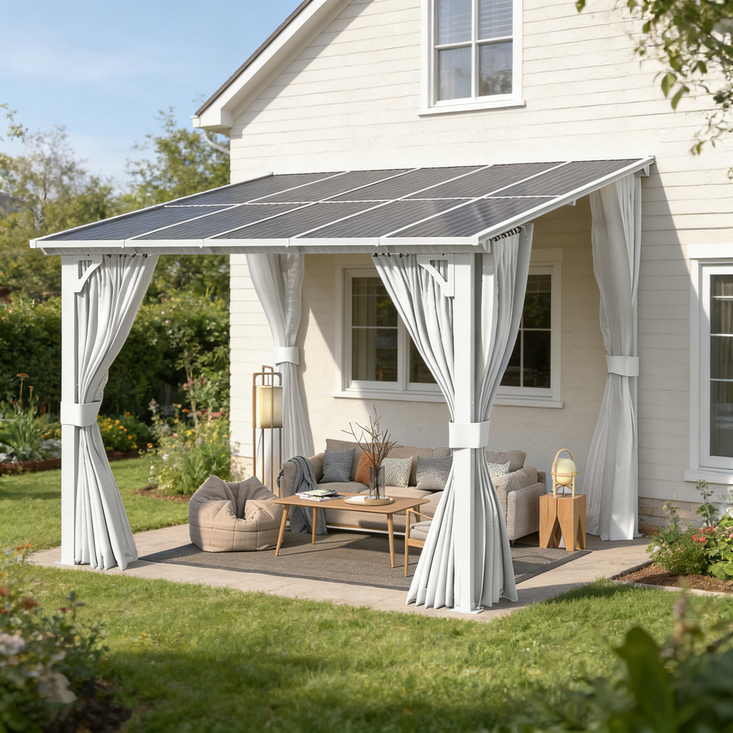 YODOLLA 10'x10' Outdoor Lean to Gazebo Pergola with Curtain and Netting for Patio, White