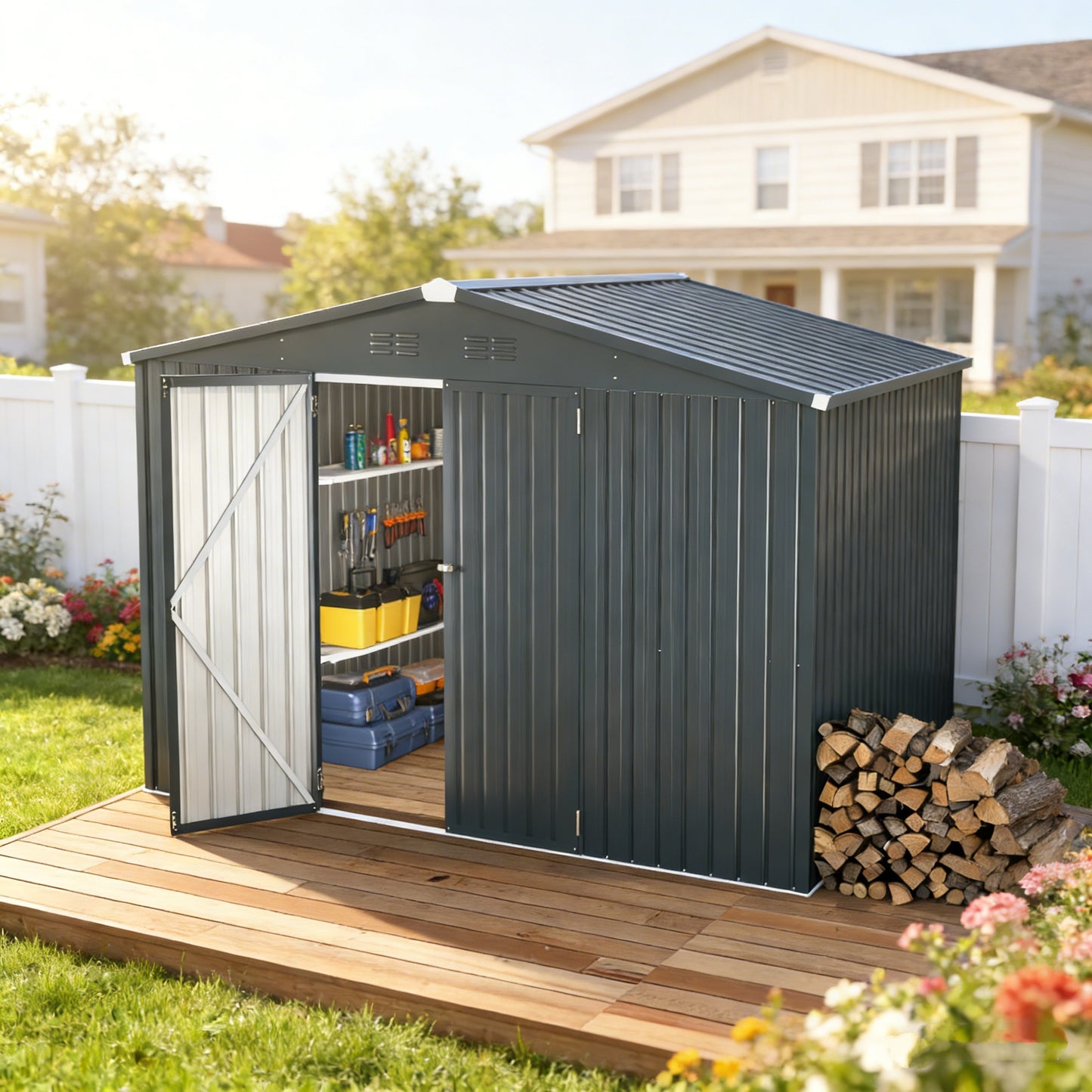 YODOLLA 10'x10' Metal Storage Shed, Dark Gray