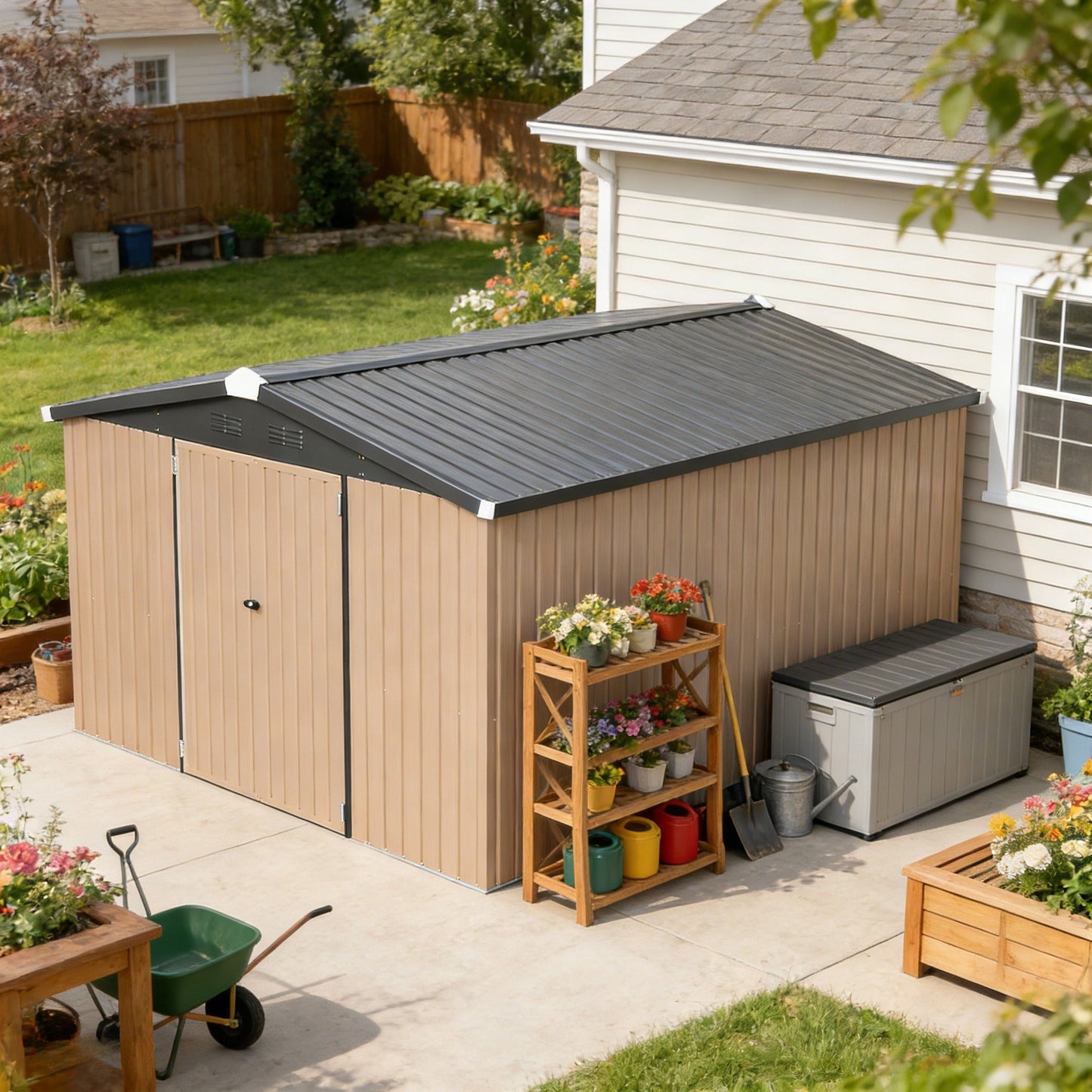 YODOLLA 10x14 Metal Outdoor Storage Garden Shed, Brown