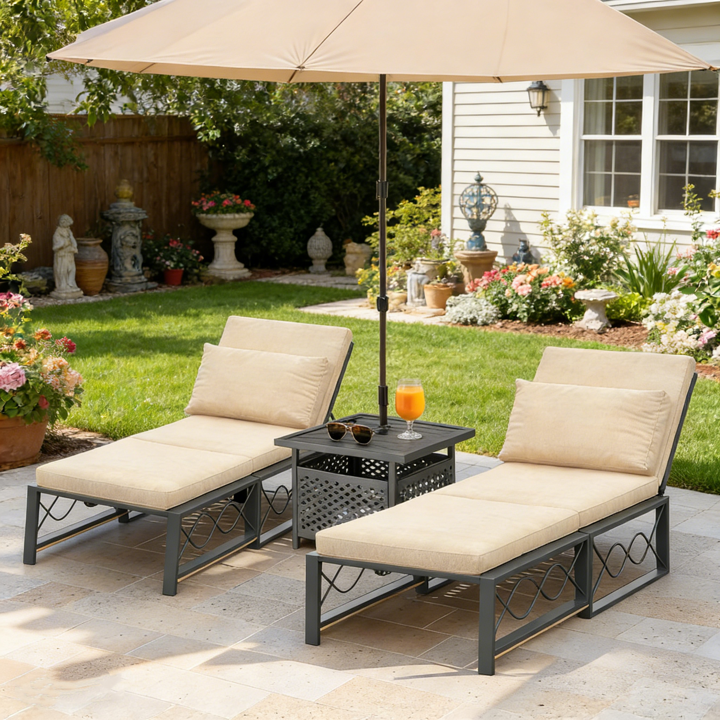 YODOLLA Outdoor Metal Chaise Lounge Adjustable Chair Set of 2 with 1 Side Table