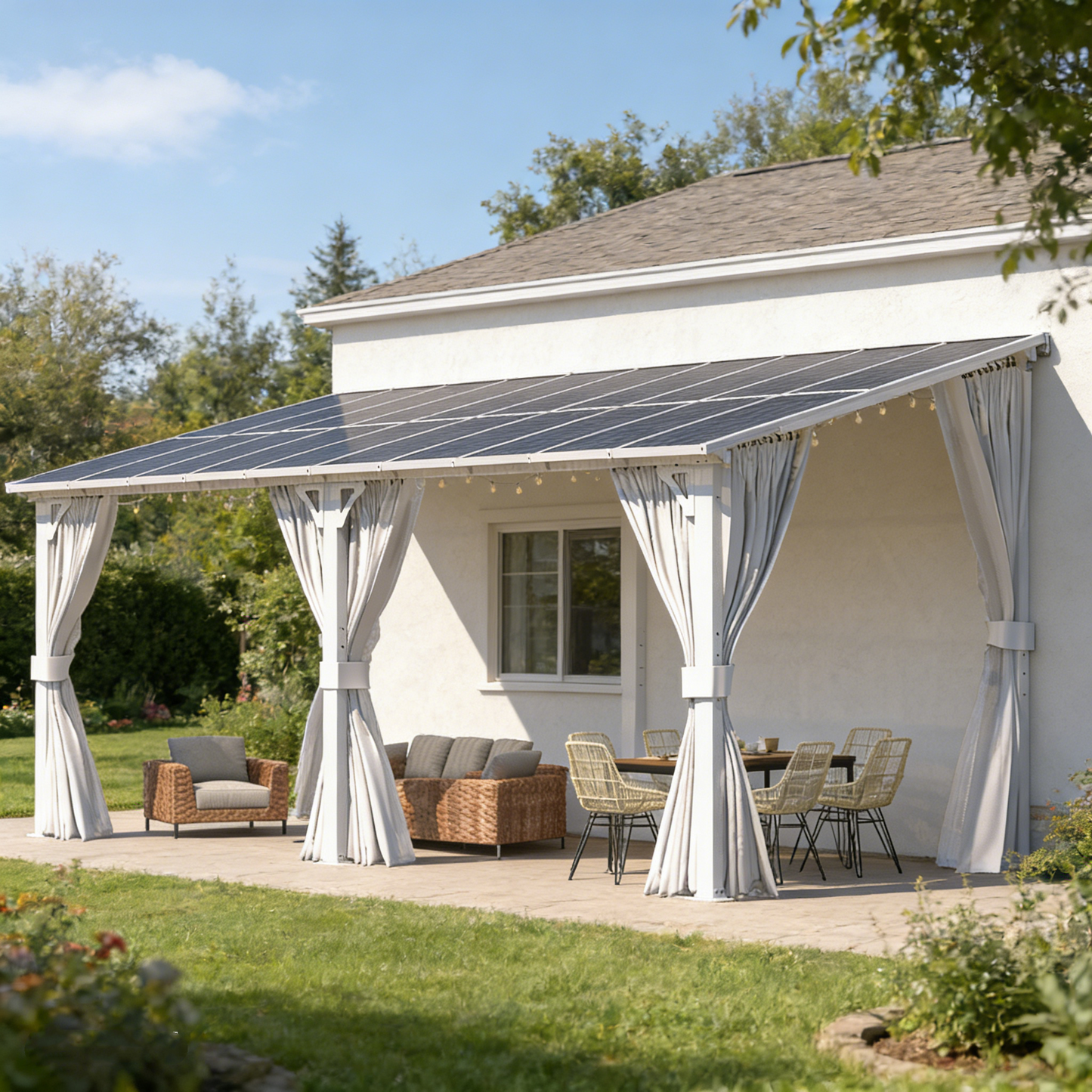 YODOLLA 20' x 8' Outdoor Lean to Gazebo Pergola with Curtain and Netting for Patio, White