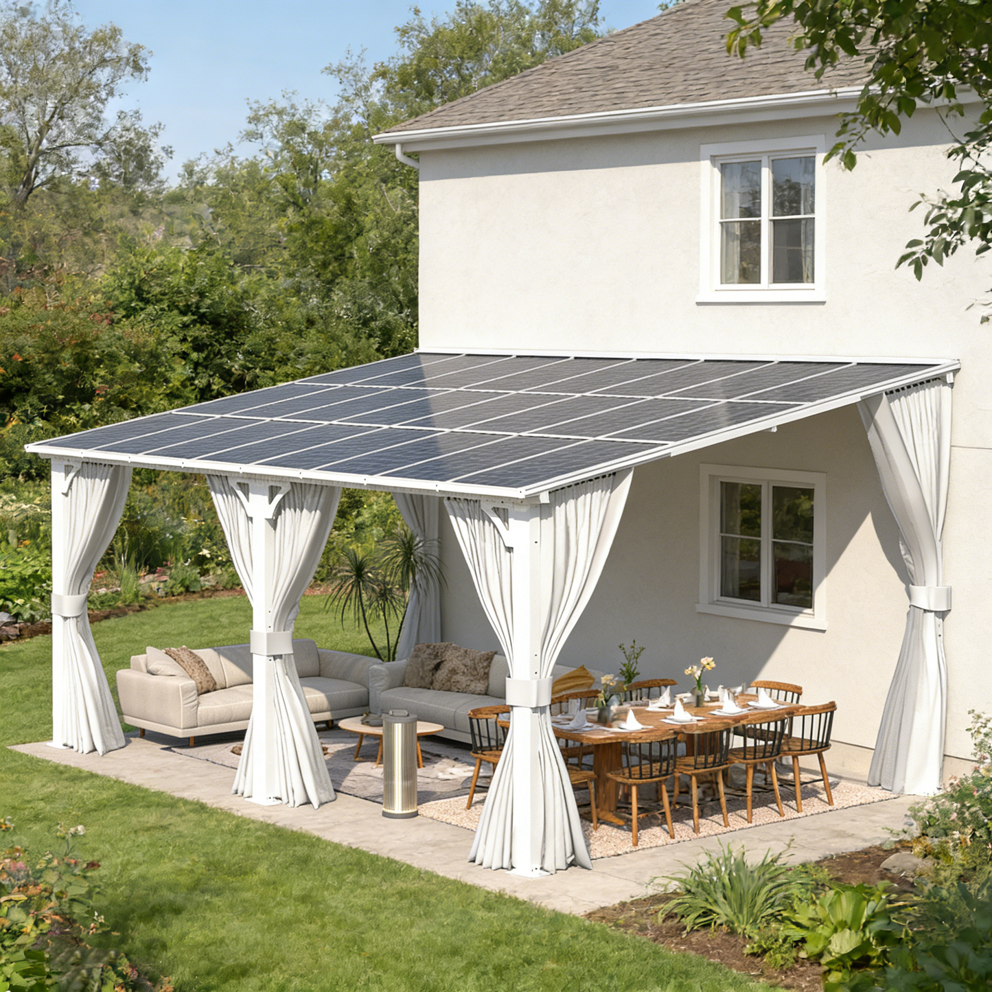 YODOLLA 16'x12' Outdoor Lean to Gazebo Pergola with Curtain and Netting for Patio, White
