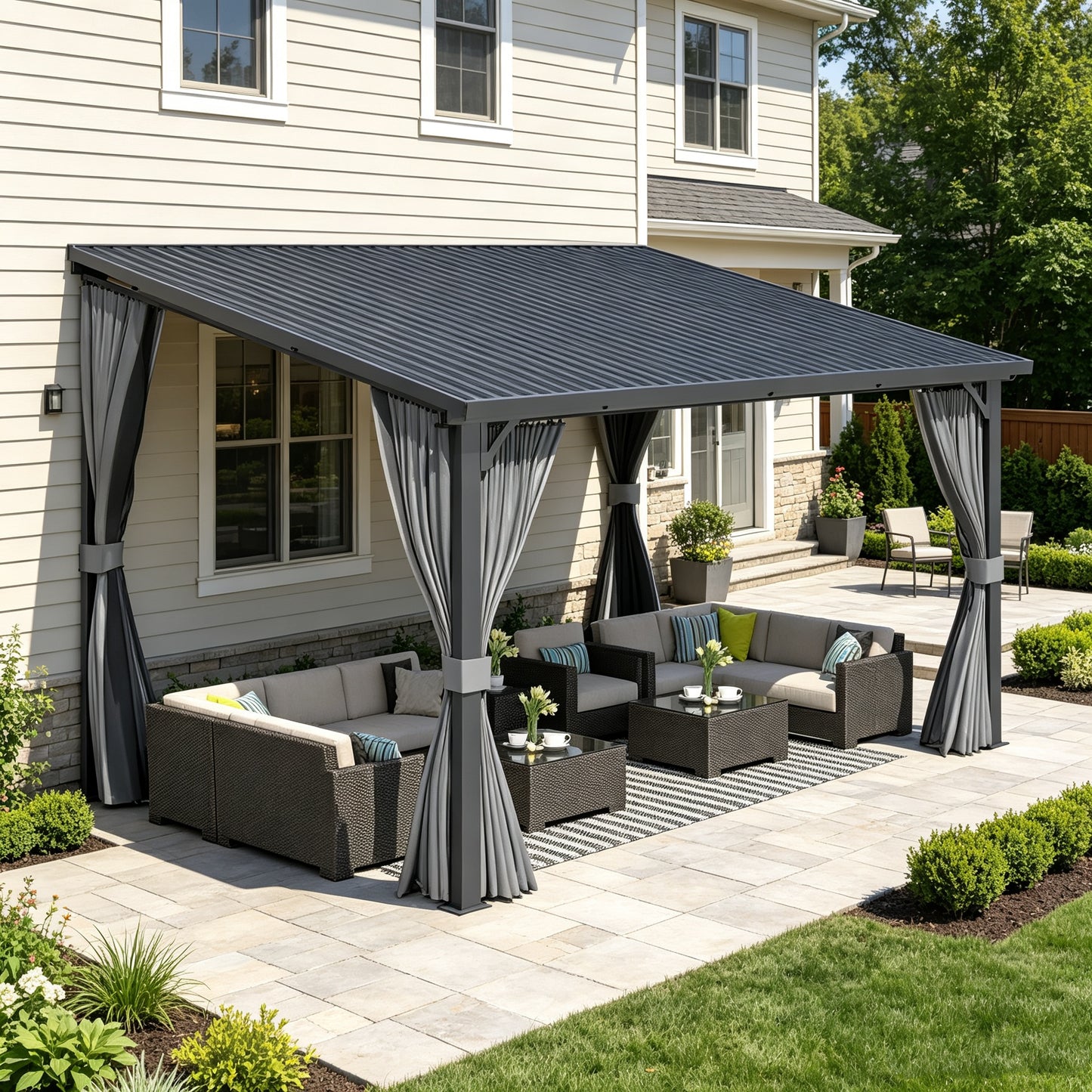 YODOLLA 20'x12' Gazebo Outdoor Hardtop Pergola with Curtain and Netting