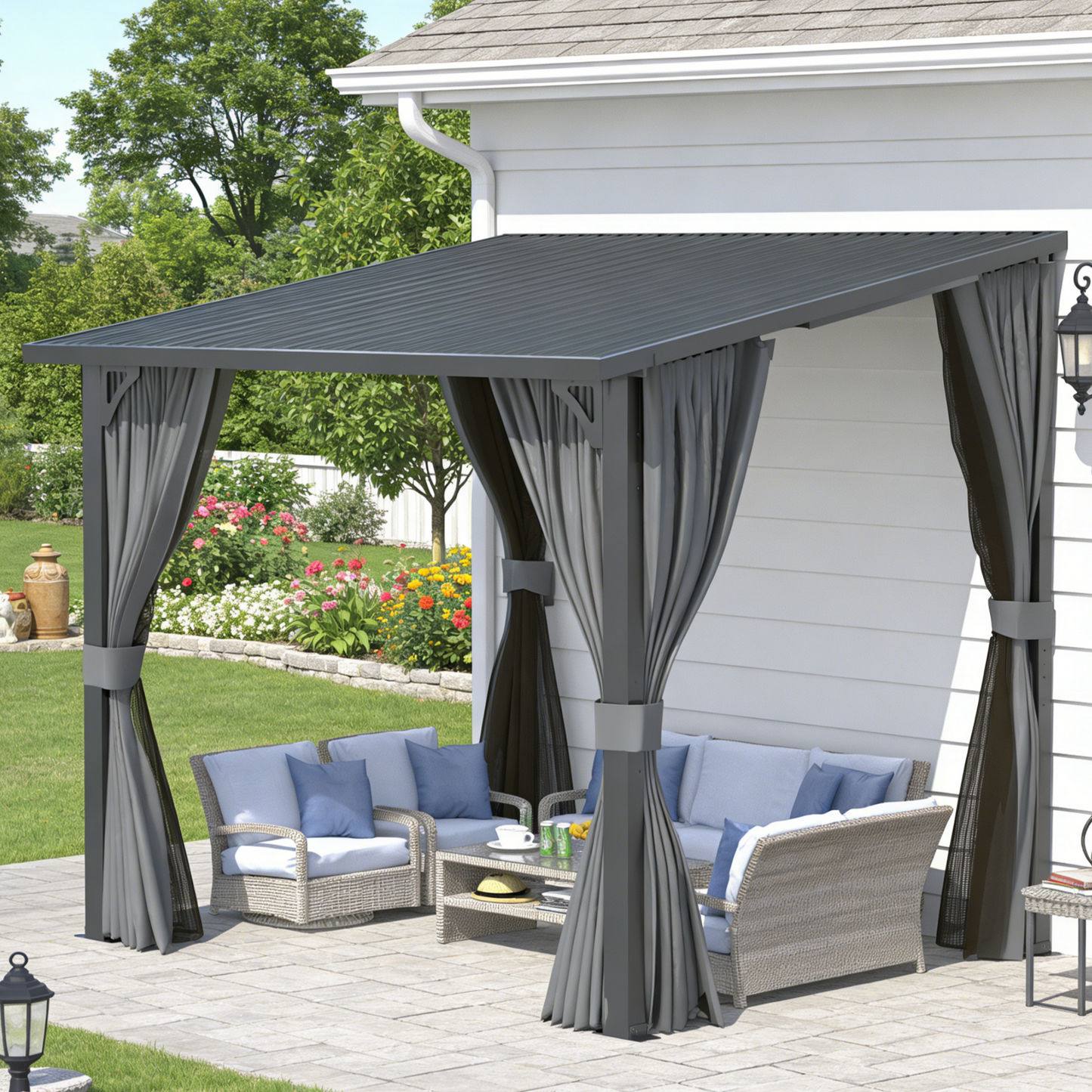 YODOLLA 10x8 Outdoor Pergola Hardtop Gazebo with Curtains and Netting for Patio
