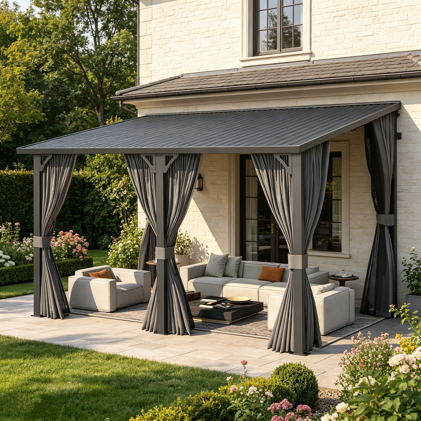 YODOLLA 14'x10' Outdoor Hardtop Gazebo Pergola with Curtains and Netting for Patio