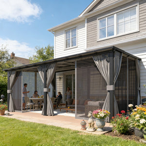 YODOLLA 20’ x 12’ Wall-Mounted Lean to Pergola Gazebo with Curtains and Netting