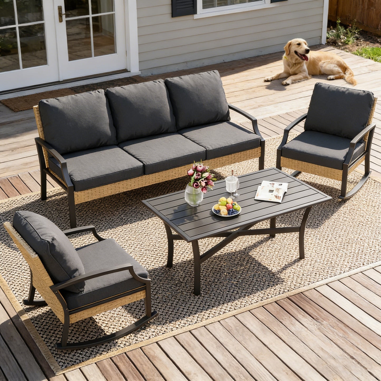 YODOLLA Outdoor Patio Furniture Set, 4 Piece Rattan Conversation Bistro Set with Coffee Table