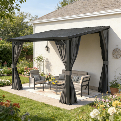 YODOLLA 12' x 10' Outdoor Pergola Hardtop Gazebo with Curtains and Netting for Patio