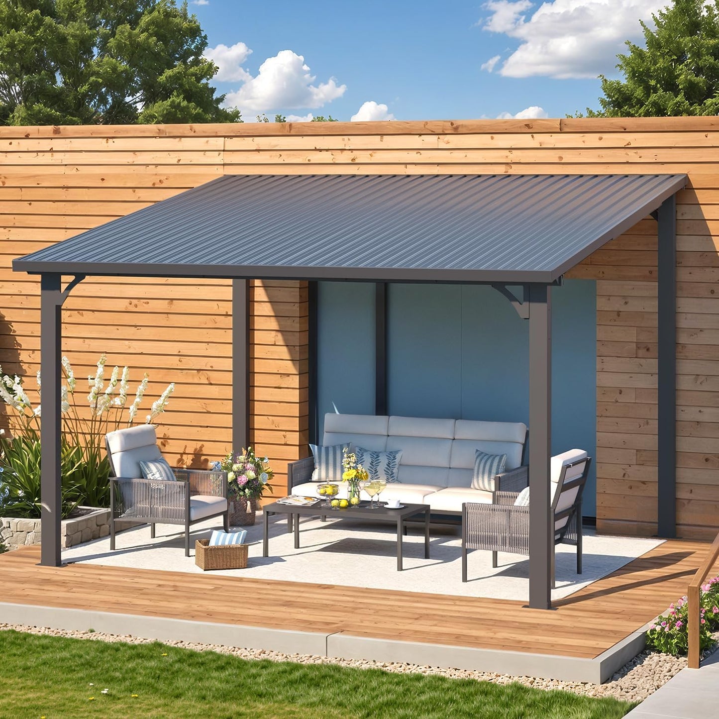 YODOLLA Hardtop Gazebo, Wall-Mounted Lean to Metal Awnings Pergola