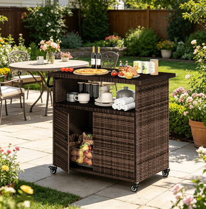 YODOLLA Outdoor Bar Cart, Patio Storage Grill Cart with Handles, Brown