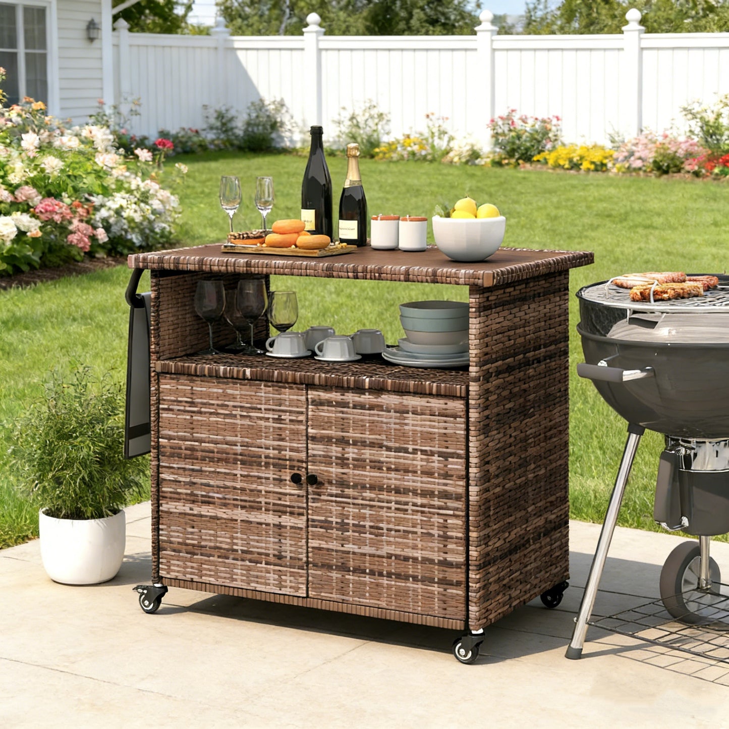 YODOLLA Outdoor Bar Cart, Patio Storage Grill Cart with Handles,Brown