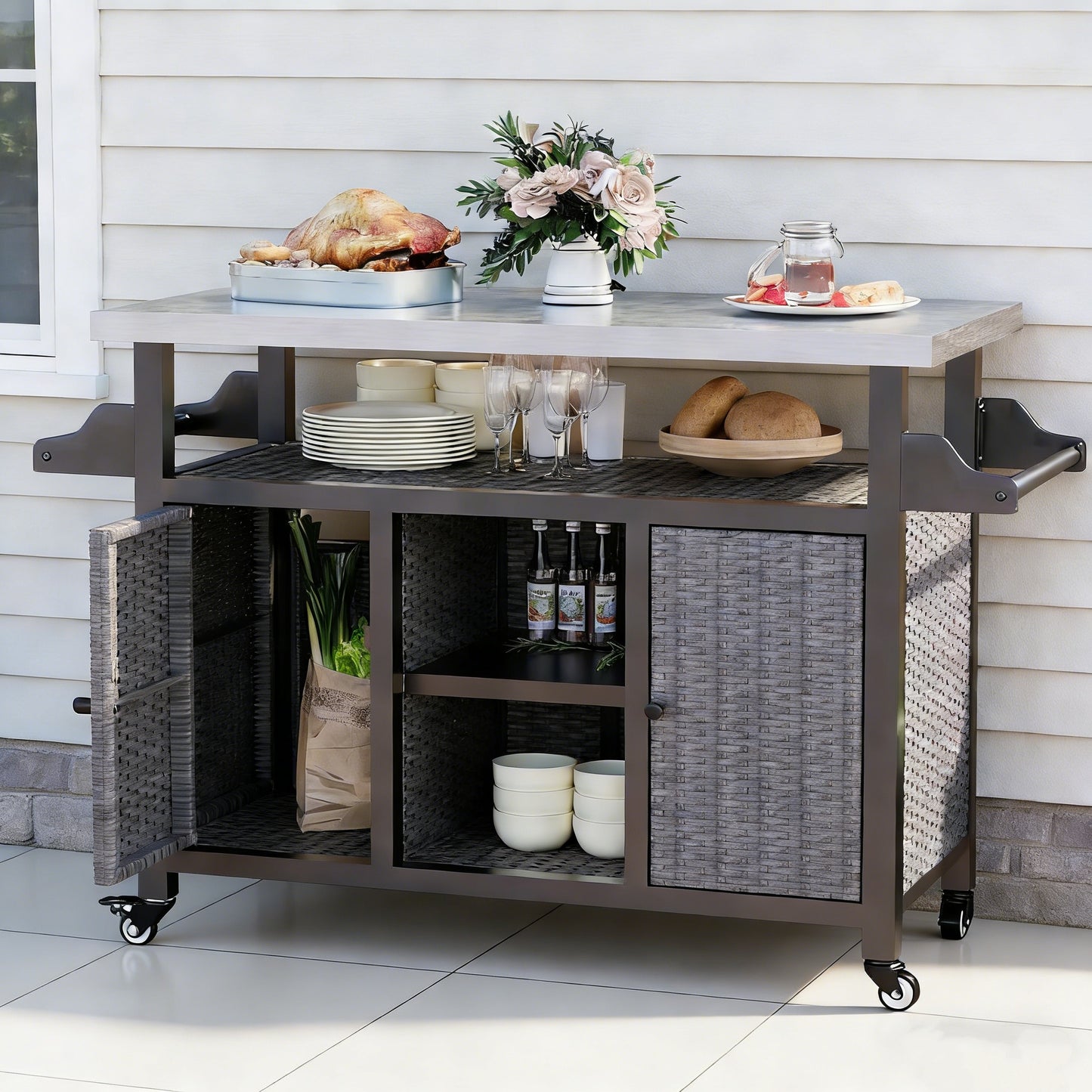 YODOLLA Rattan Outdoor Bar Cart with Wheels and Storage, Gray