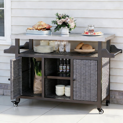 YODOLLA Rattan Outdoor Bar Cart with Wheels and Storage, Gray