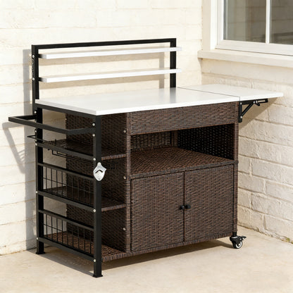 YODOLLA Outdoor Bar Cart with Rattan Storage Cabinet, Brown