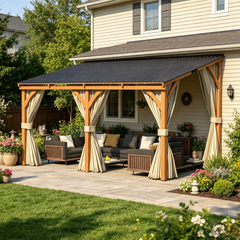 YODOLLA 10x14 Outdoor Wooden Pergola Gazebo with Curtains and Netting for Patio