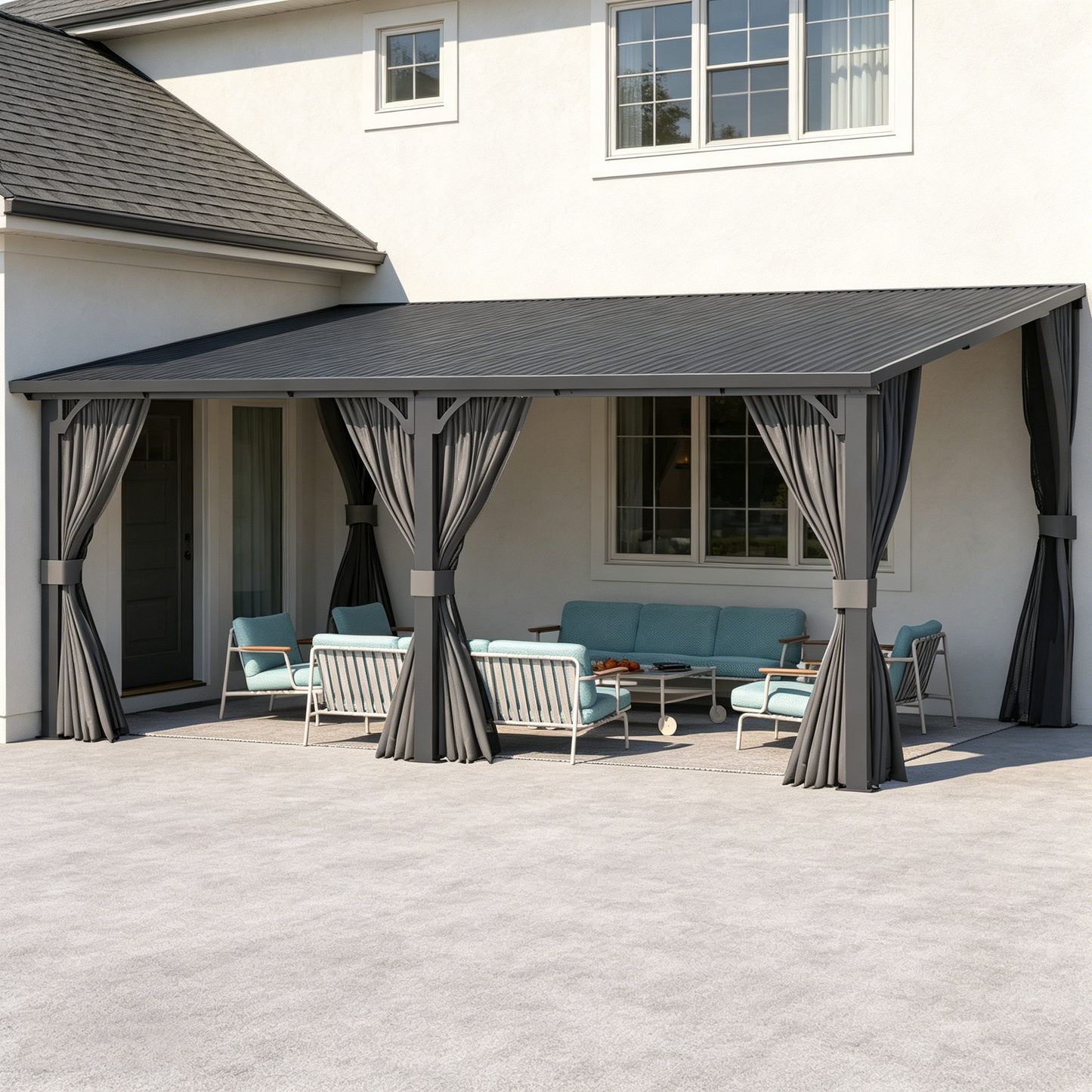 YODOLLA 16'x12' Outdoor Hardtop Metal Gazebo with Curtains and Netting for Patio