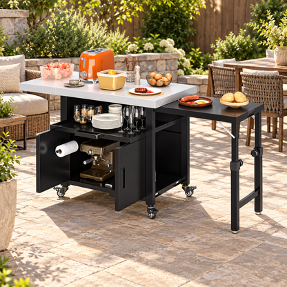 YODOLLA Outdoor Kitchen Island with Cabinet and 2 Side Table Movable Bar Cart