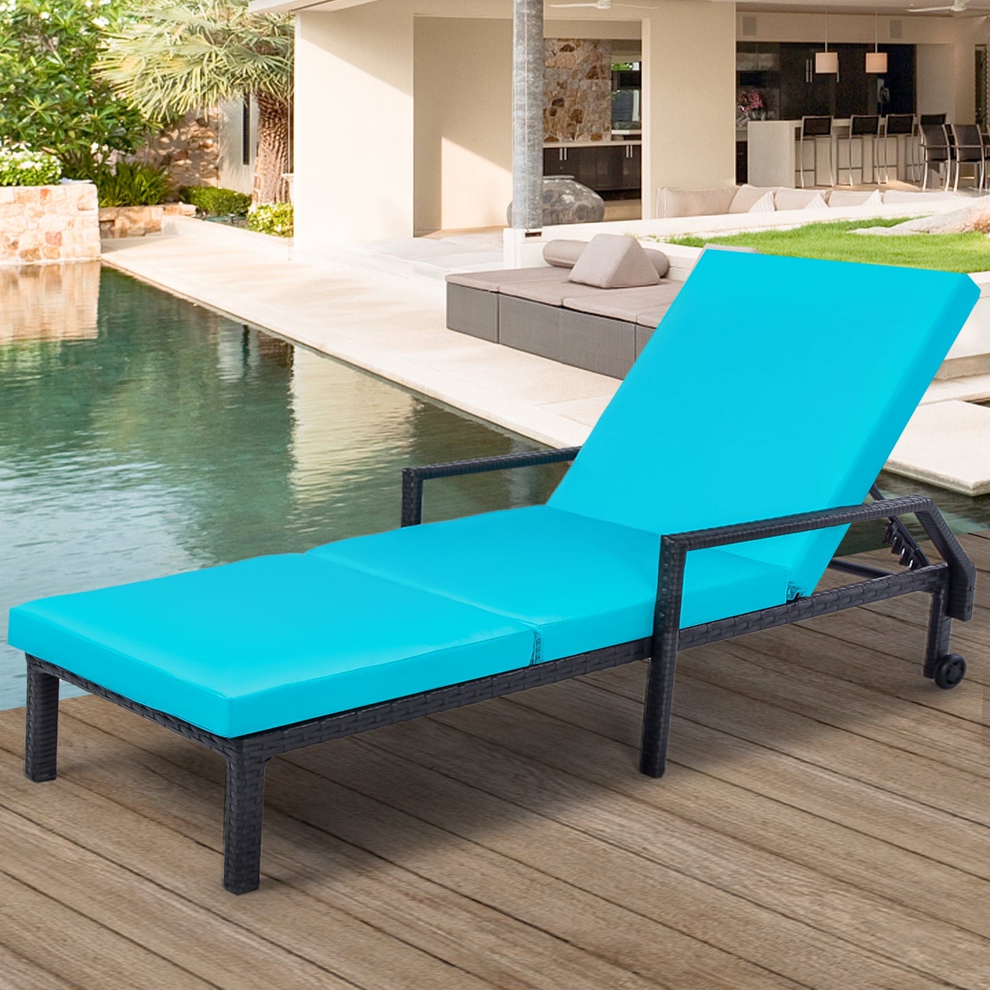 YODOLLA Outdoor Lounge Chairs, Black Rattan with Blue Cushion