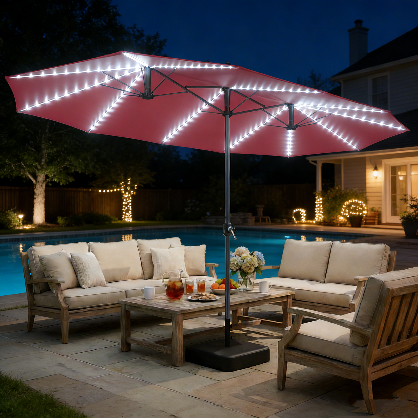 YODOLLA 15ft Double-Sided Patio Umbrella Outdoor Rectangle Umbrella with Base, Red