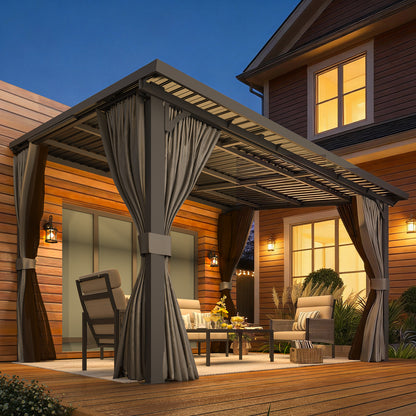 YODOLLA 12' x 10' Outdoor Pergola Hardtop Gazebo with Curtains and Netting for Patio