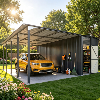 YODOLLA 16x16 Lean to Gazebo Metal Shed Combo, Hardtop Carport with Storage