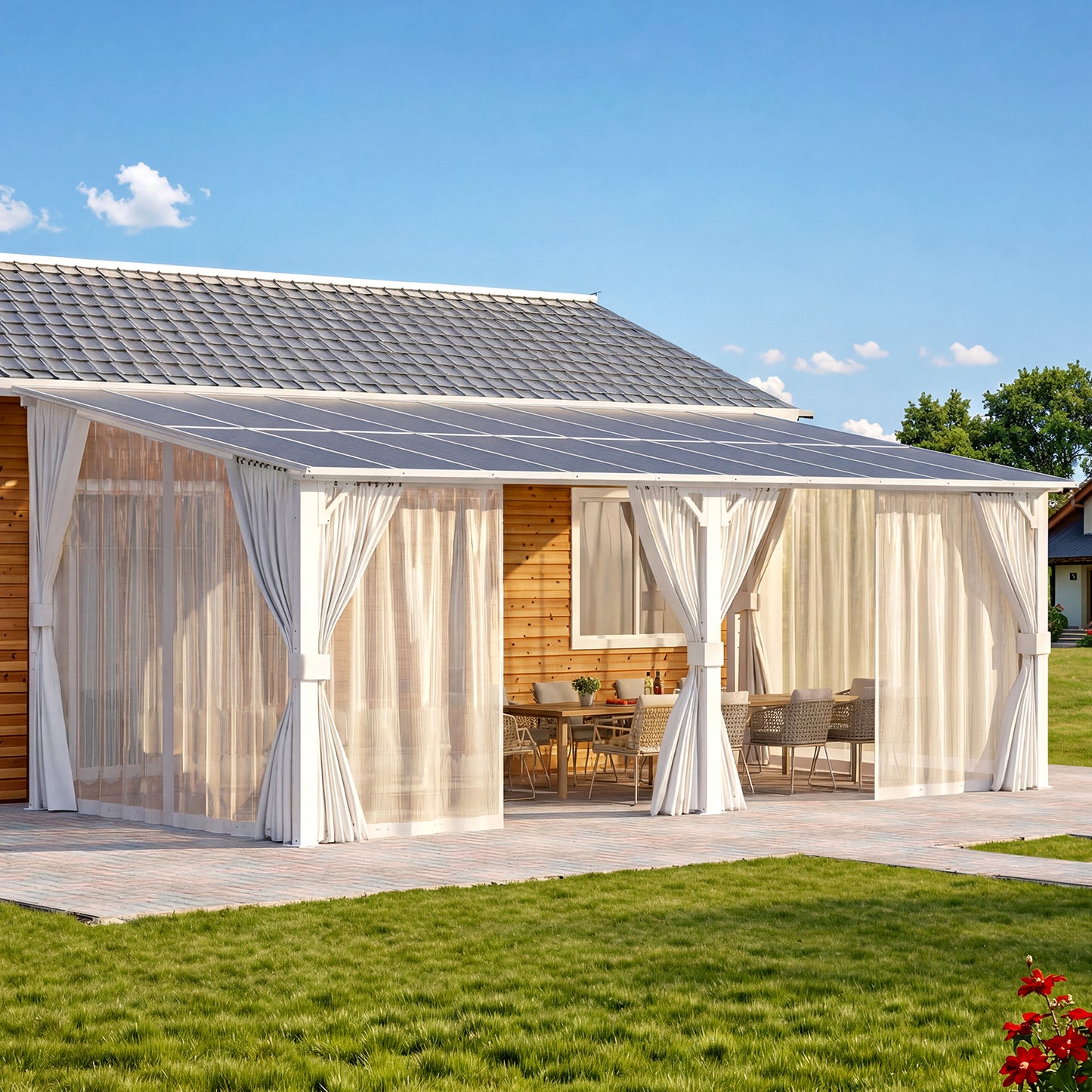 YODOLLA 20'x10' Outdoor Lean to Gazebo Pergola with Curtain and Netting for Patio, White