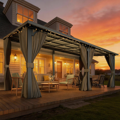 YODOLLA 20'x10' Outdoor Hardtop Metal Gazebo with Curtains and Netting for Patio