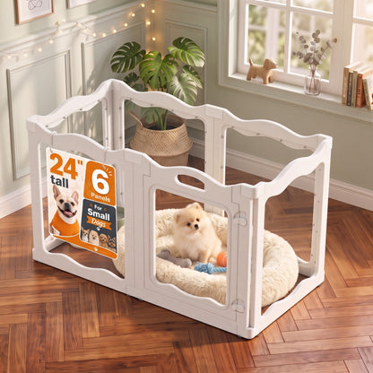 YODOLLA Pet Clear Acrylic Dog Playpen Indoor w/Door, 24" H, 6 Panels, White