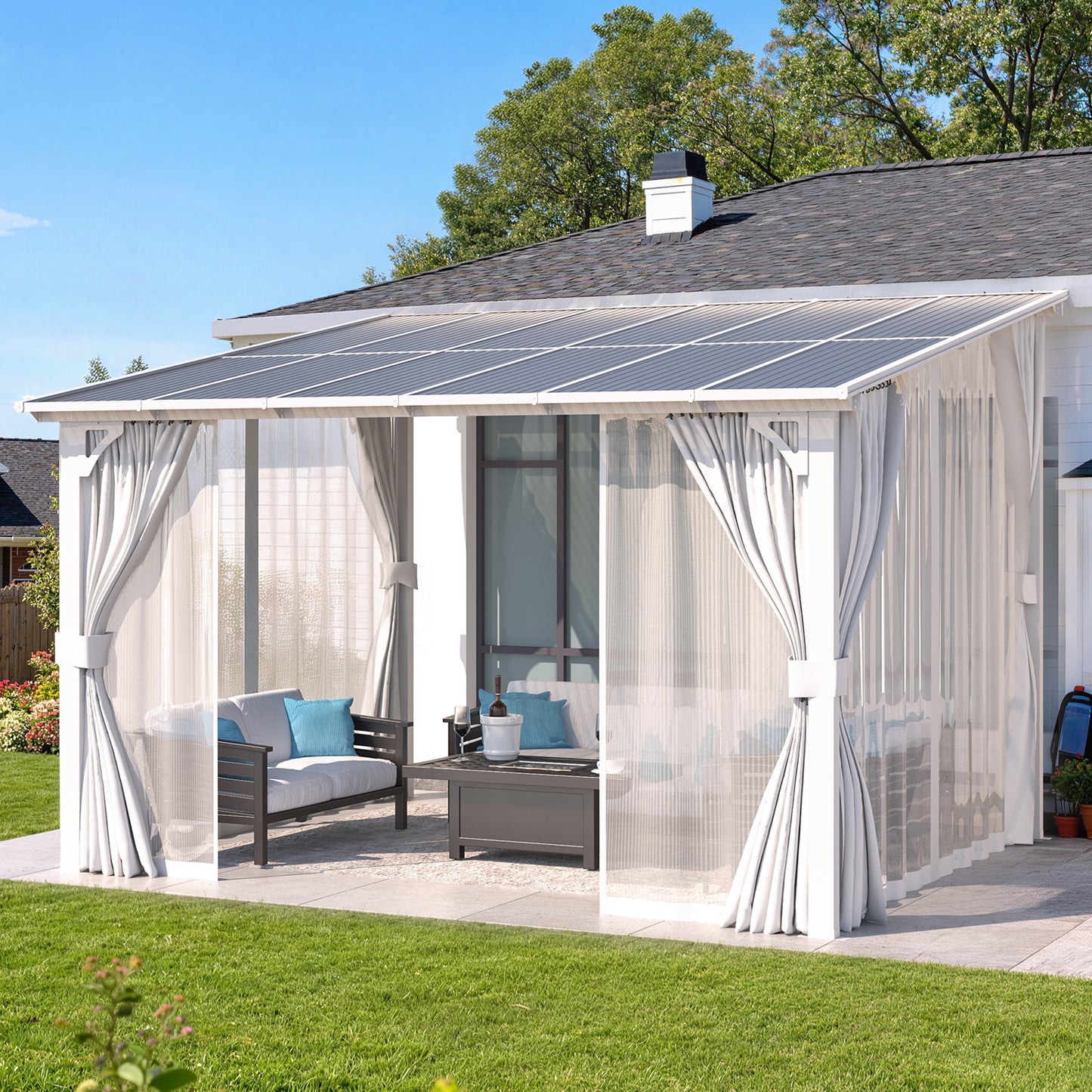 YODOLLA 12'x10' Outdoor Lean to Gazebo Pergola with Curtain and Netting for Patio, White