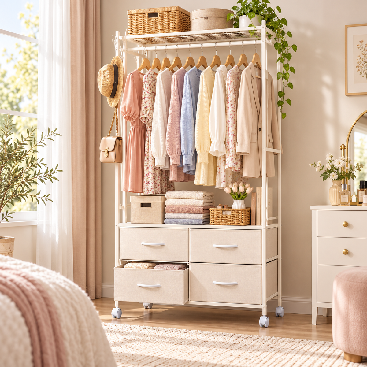 YODOLLA Rolling Clothes Rack with 4 Fabric Drawers, Portable Closet Organizer for Hanging Clothes