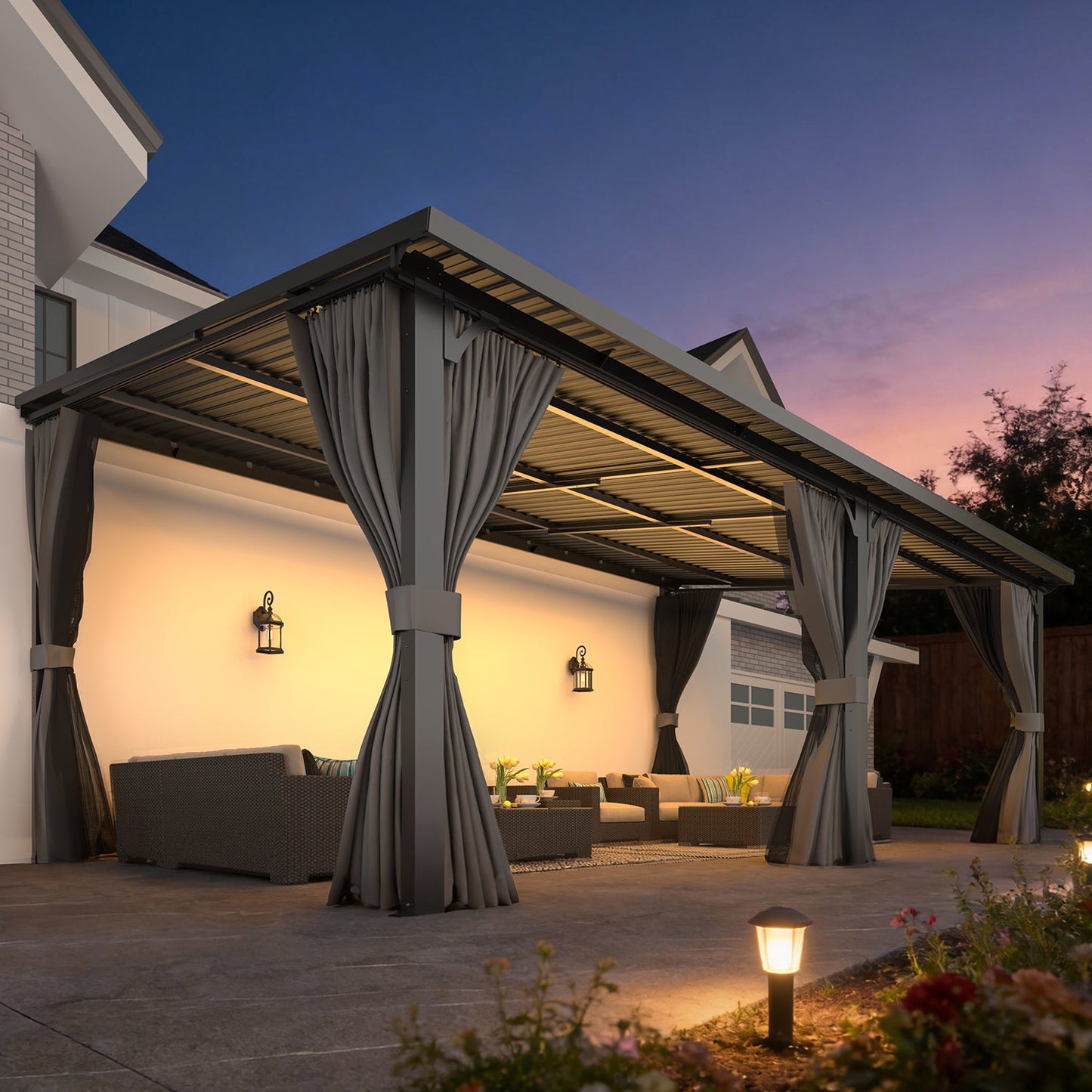 YODOLLA 20'x12' Gazebo Outdoor Hardtop Pergola with Curtain and Netting