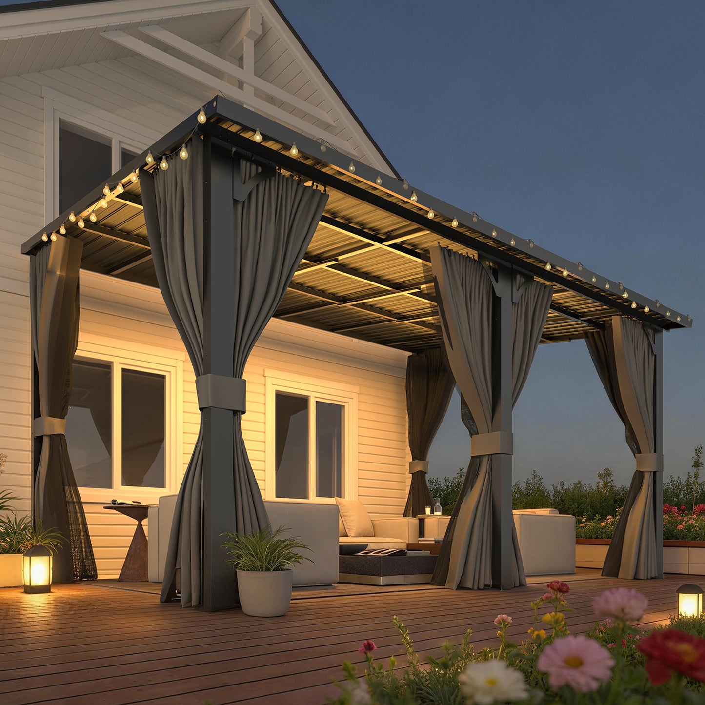 YODOLLA 14'x10' Outdoor Hardtop Gazebo Pergola with Curtains and Netting for Patio