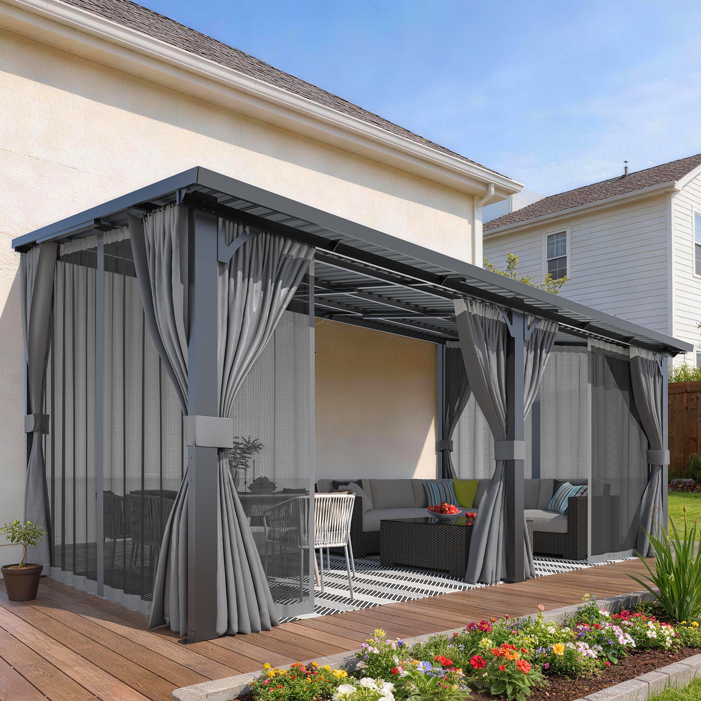 YODOLLA 16'x10' Outdoor Hardtop Gazebo Pergola with Curtains and Netting for Patio