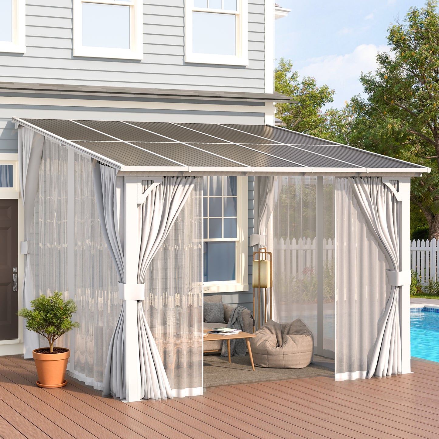 YODOLLA 10'x10' Outdoor Lean to Gazebo Pergola with Curtain and Netting for Patio, White