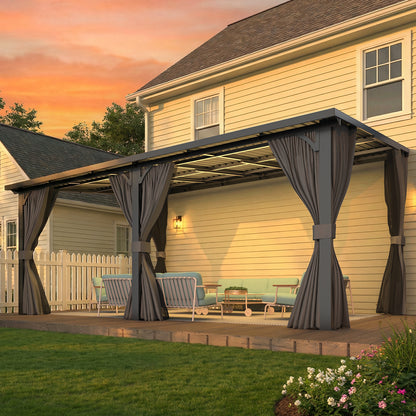 YODOLLA 16'x12' Outdoor Hardtop Metal Gazebo with Curtains and Netting for Patio