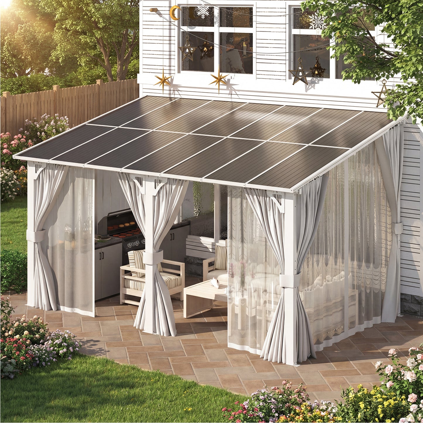 YODOLLA 14'x8' Outdoor Lean to Gazebo Pergola with Curtain and Netting for Patio, White
