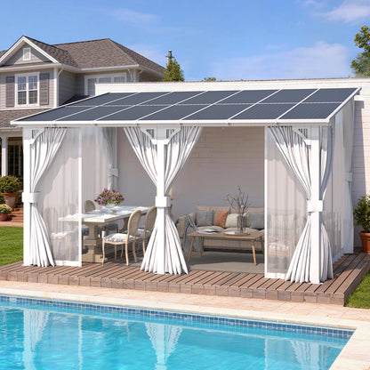 YODOLLA 14'x10' Outdoor Lean to Gazebo Pergola with Curtain and Netting for Patio, White