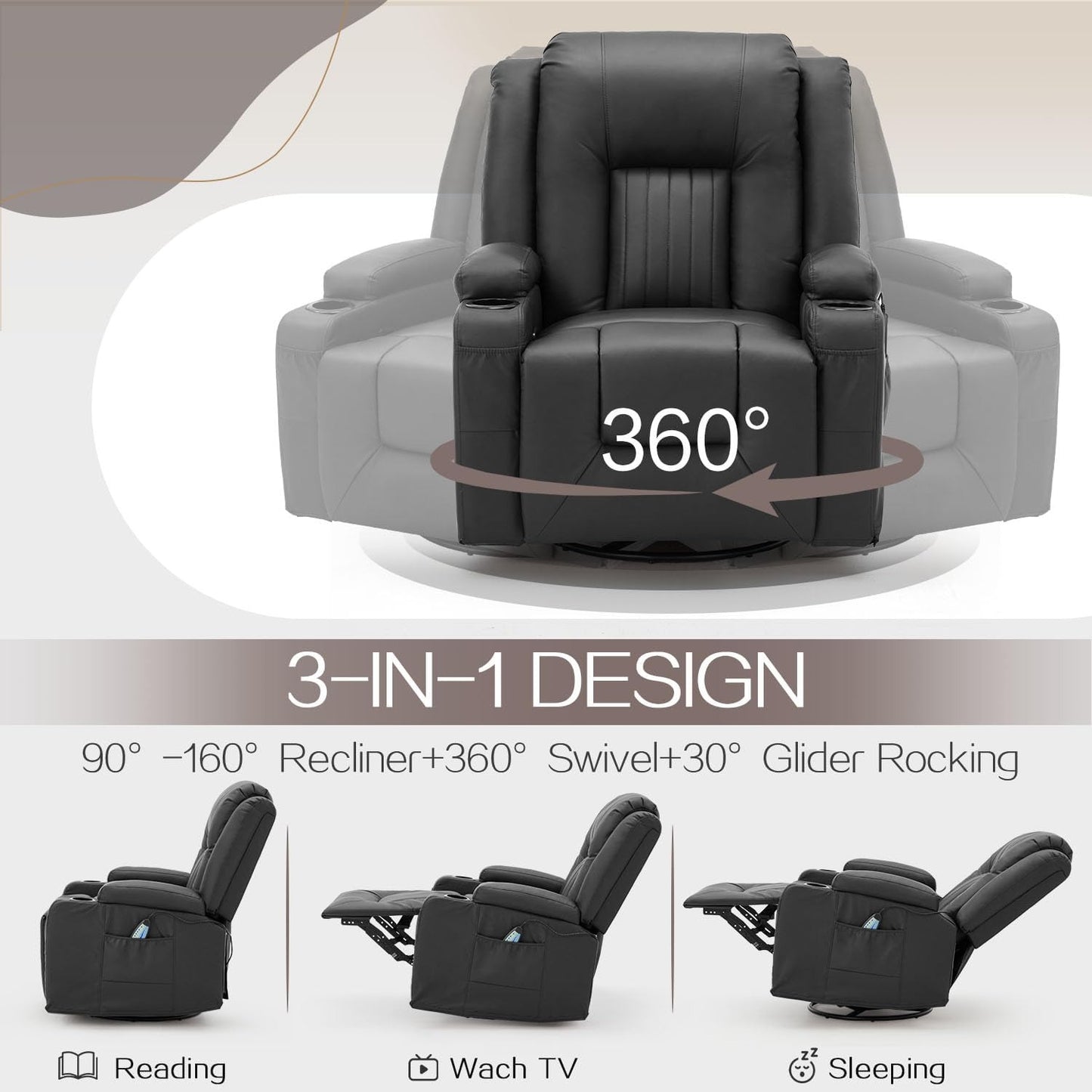 YODOLLA Recliner Chair with Heat&Massage, PU Leather Black