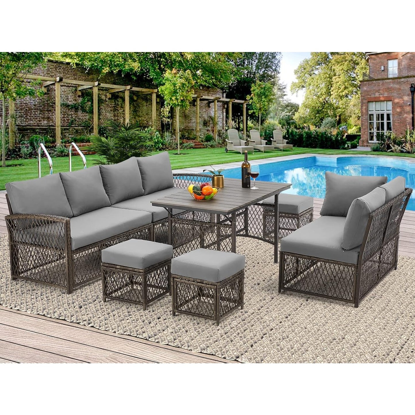 YODOLLA 7 Pieces Wicker Conversation Set with Ottoman Patio Furniture Set, Grey