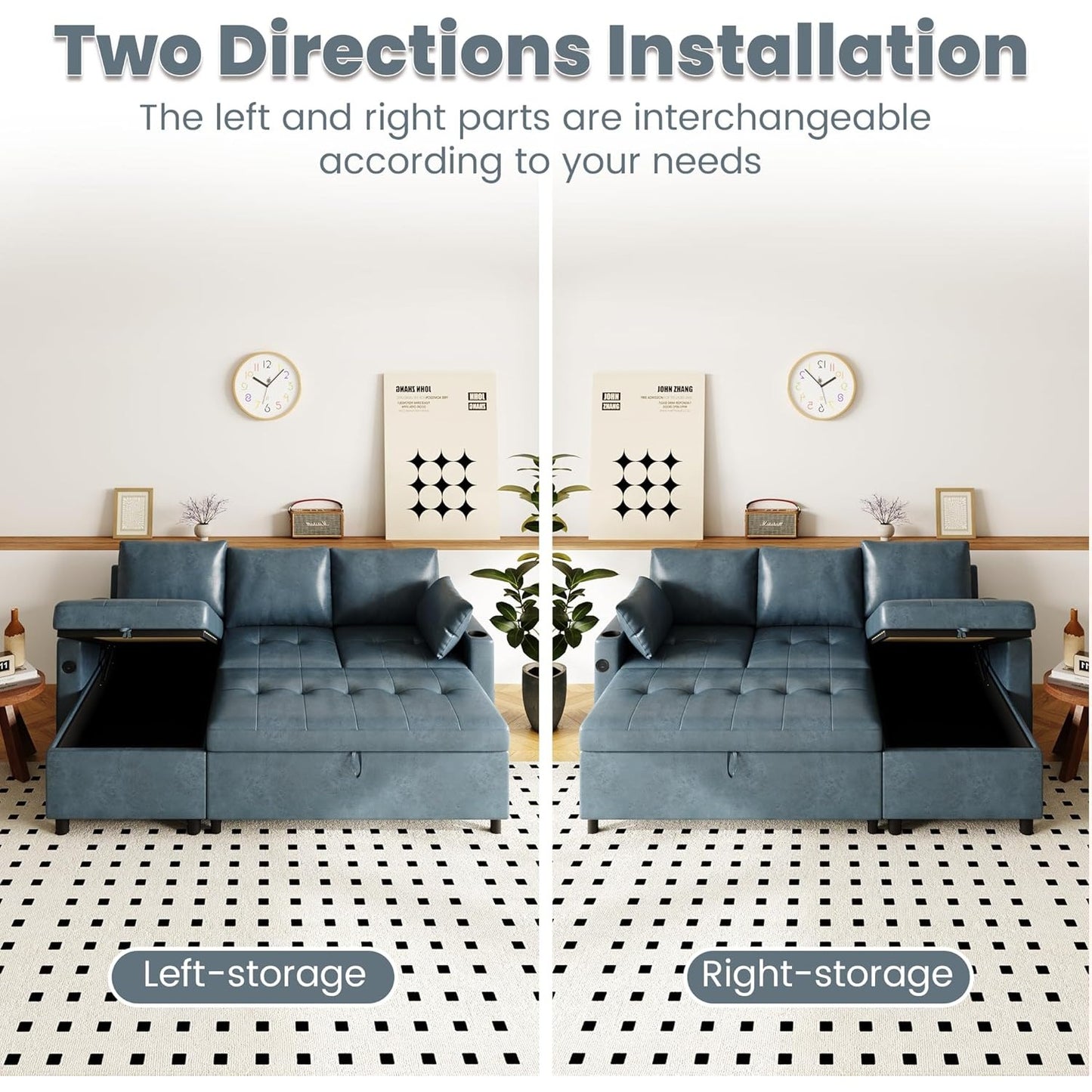 YODOLLA Faux Leather L-Shaped Sleeper Sofa, Pullout Bed, USB & Storage, Blue