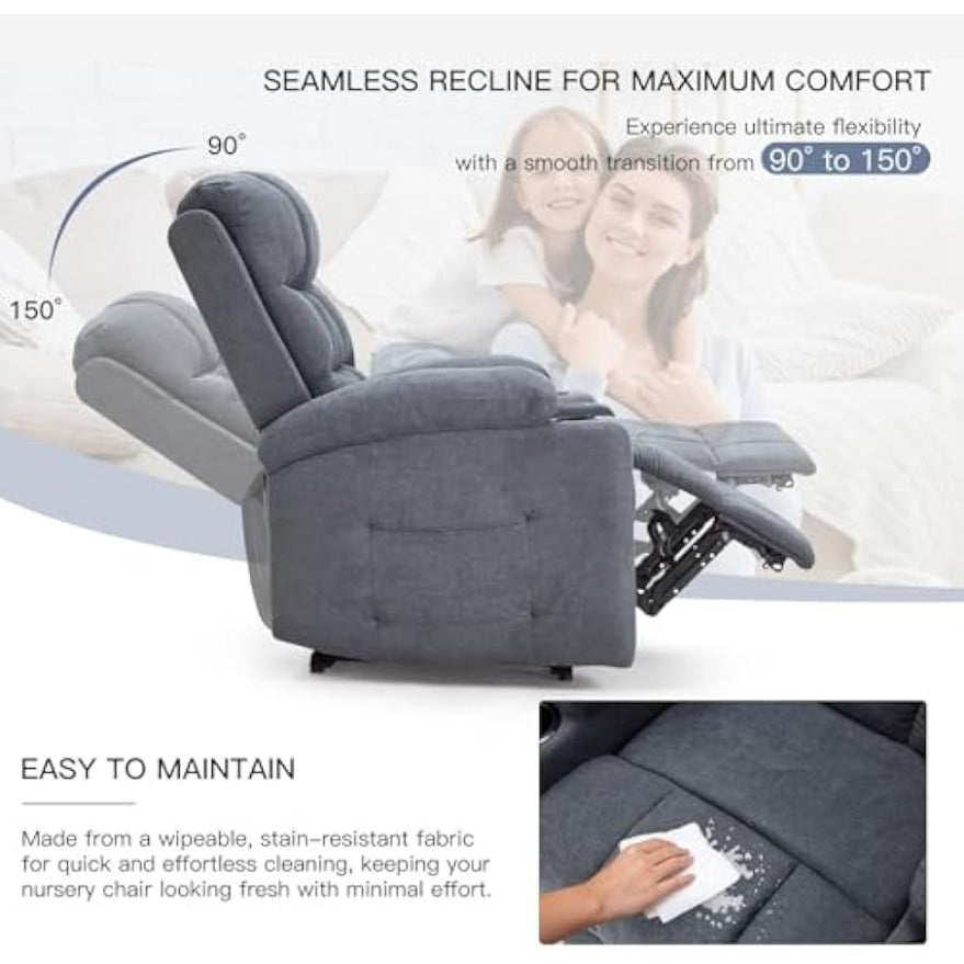 YODOLLA Wide Armrests Electric Recliner Nursery Chair, Linen Leather, Gray Blue