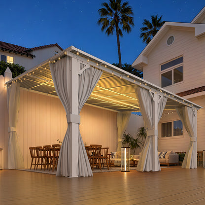 YODOLLA 16'x12' Outdoor Lean to Gazebo Pergola with Curtain and Netting for Patio, White