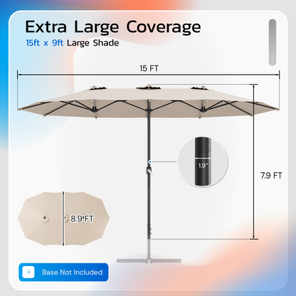 YODOLLA 15x9ft Double-Sided Patio Umbrella, Beige