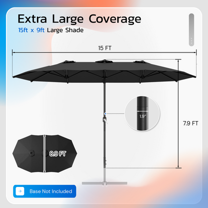 YODOLLA 15x9ft Double-Sided Patio Umbrella, Black