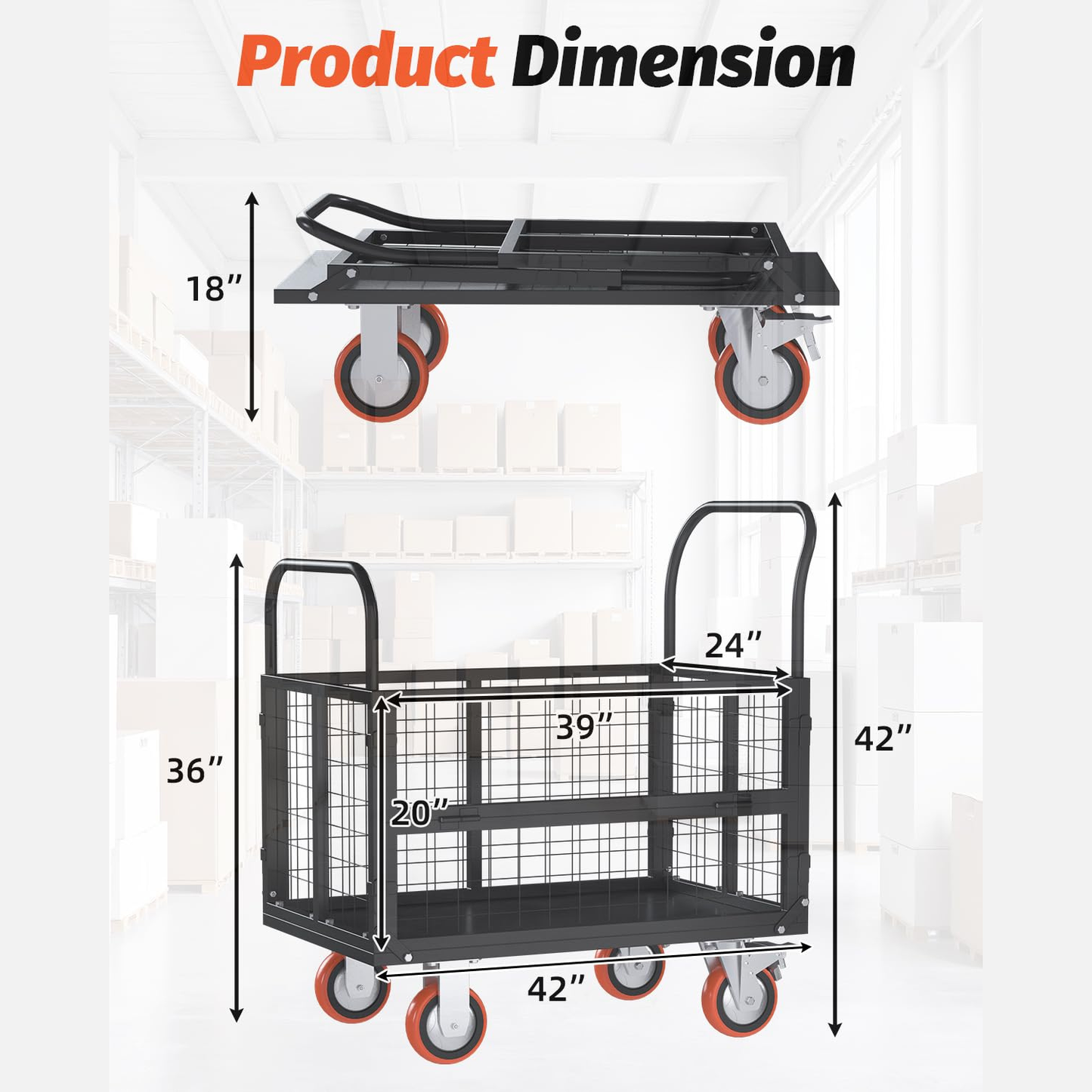 YODOLLA 6-in-1 Foldable Platform Truck Cart with Cage and Swivel Wheels