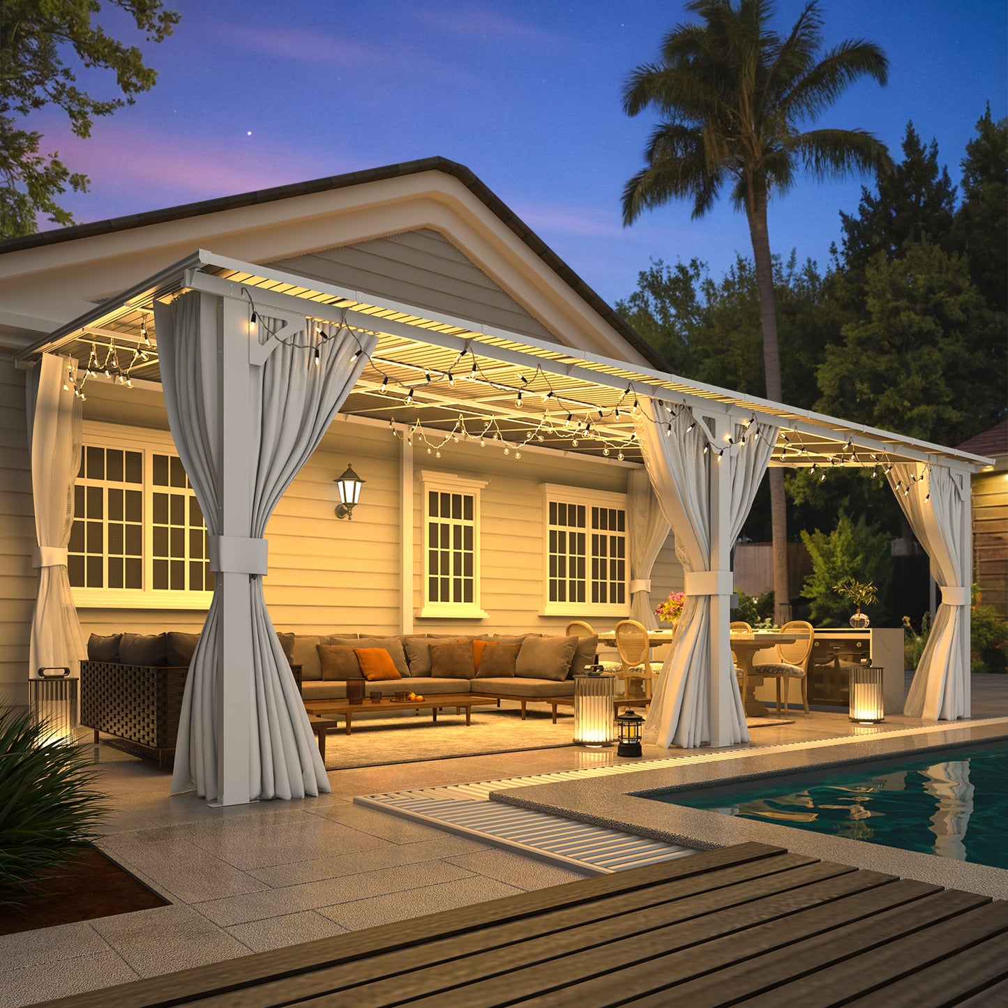 YODOLLA 20'x12' Outdoor Lean to Gazebo Pergola with Curtain and Netting for Patio, White