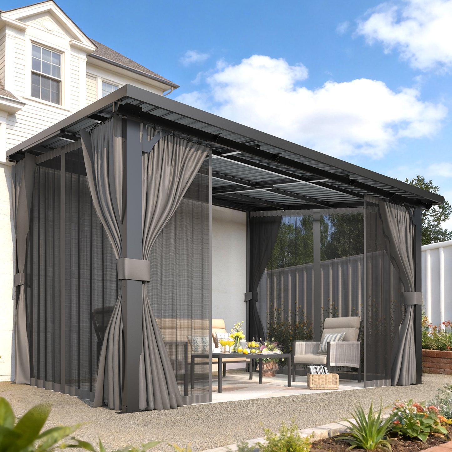 YODOLLA 12' x 10' Outdoor Pergola Hardtop Gazebo with Curtains and Netting for Patio