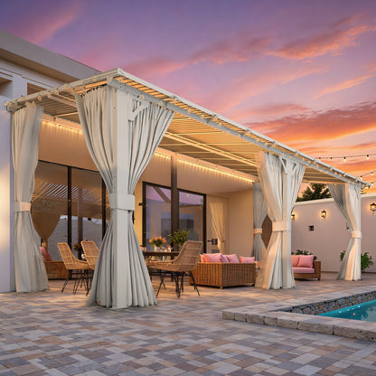 YODOLLA 20' x 8' Outdoor Lean to Gazebo Pergola with Curtain and Netting for Patio, White