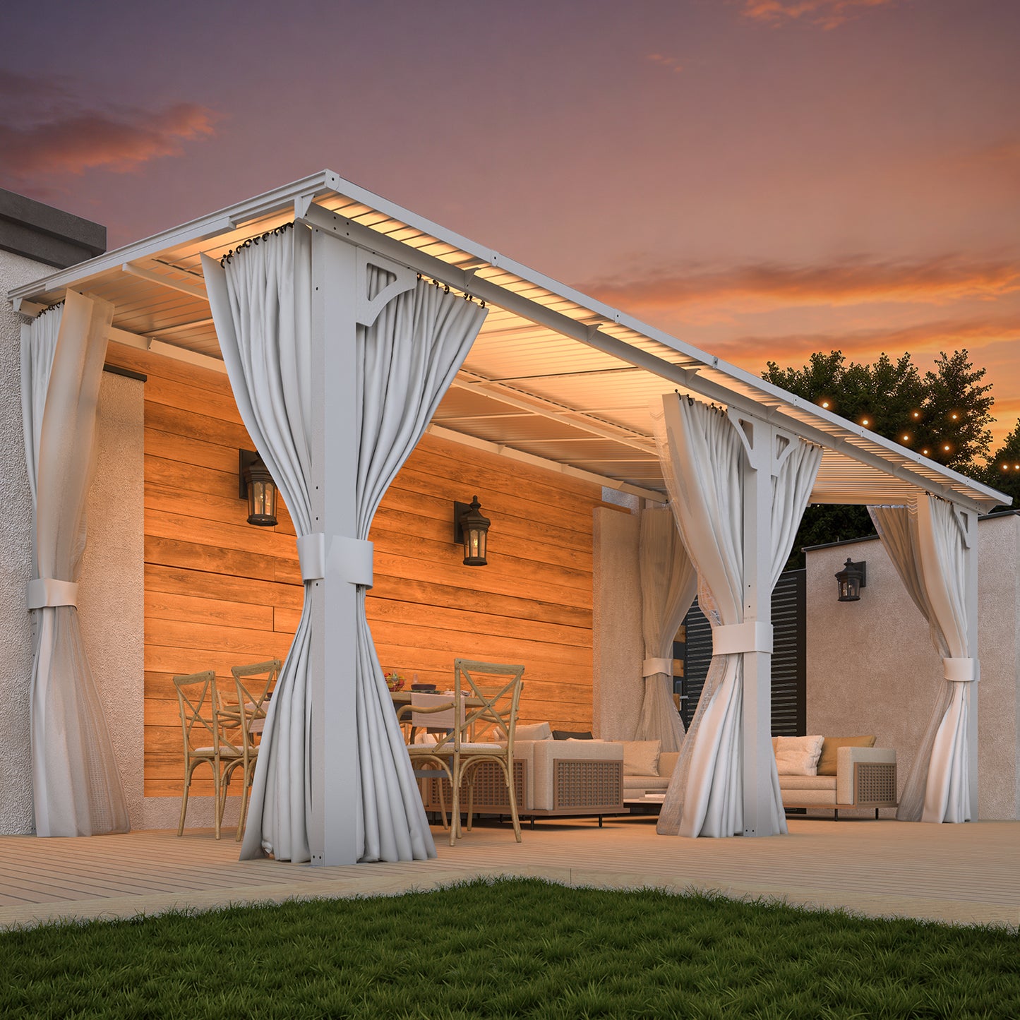 YODOLLA 16'x8' Outdoor Lean to Gazebo Pergola with Curtain and Netting for Patio, White