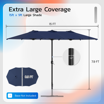 YODOLLA 15x9ft Double-Sided Patio Umbrella, Navy Blue